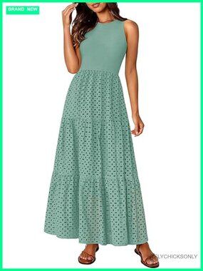 Sleeveless Crewneck A-Line Tiered Maxi Dress with Pockets